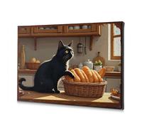 Decorazione da parete per la casa, un gatto nero seduto accanto a un cesto di pane in una cucina accogliente, immagine decorativa su tela, decorazione da parete per bagno (20 x 30 cm)