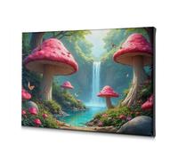 Decorazione da parete per la casa, una foresta magica con funghi giganti, farfalle e una cascata. Tela decorativa cristiana pasquale decorazione per il bagno (30 x 40 cm)