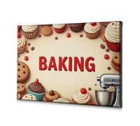 Decorazione da parete per soggiorno con deliziosi cupcake, biscotti e un mixer circondato dalla parola "Cottura". Tela decorativa per camera da letto e bagno (30 x 40 cm)