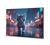 Decorazione da parete per soggiorno con gattino che cammina su una strada piovosa della città. Tela decorativa per camera da letto, bagno, 20 x 30 cm