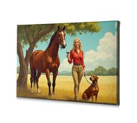 Decorazione da parete per soggiorno, una donna gode di vino mentre porta a spasso il suo cavallo e il suo cane in un campo soleggiato. Tela decorativa per camera da letto, decorazione per bagno (40 x