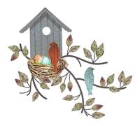 Decorazione da parete per uccelli in metallo, decorazione da parete per uccelli sospesi con foglia d'albero Casetta per per soggiorno balcone giardino cortile interno esterno 11, 81x10, 75 po