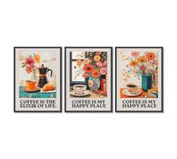 Decorazione da parete retrò con motivo caffè con fiore - Il caffè è l'elisir della vita, Cafe is My Happy Place - Decorazione italiana da viaggio per cucina e sala da pranzo (SKU4-3 pezzi