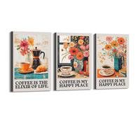 Decorazione da parete retrò con motivo caffè con fiore - Il caffè è l'elisir della vita, Cafe is My Happy Place - Decorazione italiana da viaggio per cucina e sala da pranzo (SKU4-3 pezzi