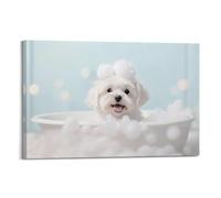 Decorazione da parete su tela, con immagine di un cucciolo di cane nella vasca da bagno, stampa artistica da parete su tela, moderno, bianco in tinta unita, paesaggio, con cornice, resistente ai raggi