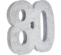 Decorazione da tavolo con numero 80 glitterato, colore argento, centrotavola, decorazioni per la tavola, decorazioni per 80° compleanno, confezione da 1, 20 cm, altezza 120 cm