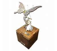 Decorazione da tavolo in metallo con farfalla meccanica 3D, con movimento a ali e carillon, decorazione Steampunk con base in legno, oggetto artistico dinamico per adulti home office