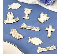 Decorazione da tavolo per comunione, decorazione da tavolo, 70 pezzi, decorazione per la prima comunione, in legno, motivo angelo, colomba di legno, calice di legno, pesci e ragazze