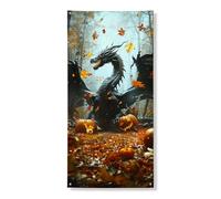 Decorazione decorativa per porta con drago di Halloween, mistica creatura nera con foglie autunnali, decorazione per porta d'ingresso, per interni ed esterni, spettrale, da appendere, forniture per