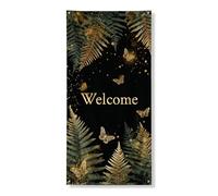 Decorazione decorativa per porta di benvenuto, felci e farfalle verdi, moderna ed elegante, decorazione per porta d'ingresso, per interni ed esterni, autunno e natura, da appendere, 91 x 182 cm