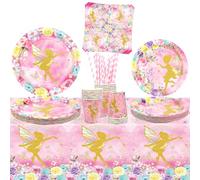 Decorazione della festa delle fate 20 persone, stoviglie per feste di fata, piatti da dessert, bicchieri, tovaglioli, cannucce per feste di compleanno rosa con fata e fiori, principessa farfalla (20)