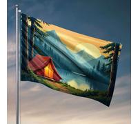 Decorazione della grotta degli uomini Un campeggio sereno vicino a un lago con le montagne sullo sfondo. bandiera autunnale bandiera da giardino bandiera barca (120 x 180 cm)