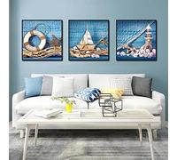 Decorazione della parete Paesaggio marino della tela di canapa Pittura in stile mediterraneo Ciondolo marino Poster decorativo Decorazione della stanza dei bambini Senza cornice-40x40cmx3