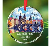Decorazione dell'albero di Natale personalizzata di Praga Repubblica Ceca, ornamento in vetro con vista sul ponte Carlo 2025, testo/nome personalizzato e anno Praga Landmark Keepsake Ornament