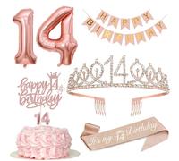 Decorazione di compleanno 14 anni bambina 14° corona di compleanno e fascia, striscione Happy Birthday, decorazione torta e candele, palloncino in pellicola oro rosa 14, regalo di compleanno per 14