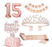 Decorazione di compleanno 15 anni bambina 15° compleanno corona e fascia, striscione Happy Birthday, decorazione torta e candele, palloncino oro rosa 15, regalo di compleanno per 15 anni bambina