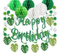 Decorazione di compleanno, banner verde Happy Birthday a nido d'ape e foglie di palma da appendere, stelle filanti a cerchio, ghirlande, decorazioni per feste di compleanno, decorazione per ragazze e