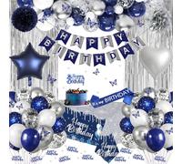 Decorazione di compleanno blu argento, decorazione per compleanno, blu marino e argento, striscioni Happy Birthday, palloncini, fascia, tovaglia, tenda, pon pon per uomo, ragazzo e ragazza