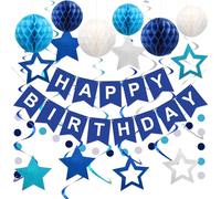 Decorazione di compleanno blu, banner di buon compleanno blu navy con palla a nido d'ape, stelle filanti a spirale da appendere, decorazioni per ghirlande a pois, decorazioni per feste di compleanno