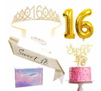 Decorazione di compleanno dorata per il 16° compleanno per bambine. Fusciacca e set di tiara per il 16° compleanno. Fascia per festa del 16° compleanno. Corona topper per torta con numero 16