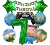 Decorazione di compleanno per bambini di 7 anni, 10 pezzi, con striscione, controller di gioco XXL, personaggio di gioco, stella a cinque punte e palloncino rotondo, per gli appassionati di giochi e