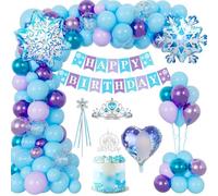 Decorazione di compleanno per ragazze, decorazioni per feste di Elsa Frozen, striscione di buon compleanno, coriandoli con fiocco di neve, palloncini da principessa con corona, bacchetta fata, topper