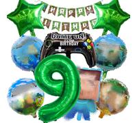 Decorazione di compleanno per ragazzi 9 anni, 10 palloncini decorativi per compleanno, striscione, controller di gioco XXL, personaggio di gioco, stella a cinque punte e palloncino rotondo, per gli
