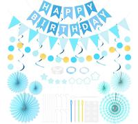 Decorazione di compleanno riutilizzabile, blu Happy Birthday, set di decorazioni per bambini, con scomparti di carta, bandierine, spirali di carta e cerchi, per feste di famiglia