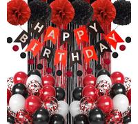 Decorazione di compleanno rosso nero, decorazione per feste di compleanno palloncini neri rossi, striscione di buon compleanno, tenda di orpelli, pompon per decorazione di compleanno per bambini