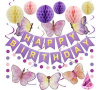 Decorazione di compleanno, viola Happy Birthday Banner con palla a nido d'ape, farfalle, girelle sospese, ghirlanda a pois, decorazione per feste di compleanno per donne e ragazze