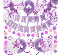 Decorazione di compleanno, viola Happy Birthday, ghirlanda da appendere a stella e a forma di stella viola, palloncini a forma di cerchio, decorazione per ragazze e ragazzi
