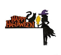 Decorazione di Halloween ad angolo in legno con figure di gatto nero e zucca, realizzata per uso esterno di lunga durata e posizionamento sugli angoli delle porte (The Witch)