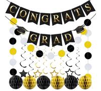 Decorazione di striscioni di laurea, set di ornamenti per insegne di laurea 2026, palline di carta con stelle, striscione di laureas felice, striscione nero e oro scintillante