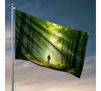 Decorazione divertente per dormitorio universitario con scritta in inglese "A Persona Walks Down a Sunlit Forest Path". Bandiera per stanza universitaria da uomo (120 x 180 cm)