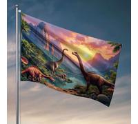 Decorazione e accessori per grotta dell'uomo Dinosauri sul lago al tramonto. Bandiera College Room Sign Decorazione per sala giochi (30 x 45 cm)