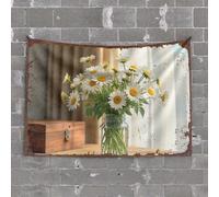 Decorazione e accessori per la grotta dell'uomo, stile vintage, con bouquet di margherite con scatola di legno, arazzo da parete, grande (75 x 100 cm)