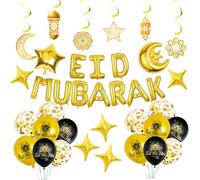Decorazione Eid Mubarak Oro Nero, Palloncino Ramadan, Palloncino Foil Stella Luna, Palloncini In Lattice Eid Al-Fitr, Decorazione Eid Mubarak Ramadan Kareem Festa Appesa A Turbinio