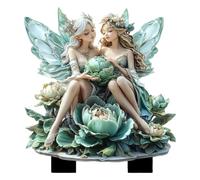 Decorazione Esterna Fatata Insert 2D Acrilico Impermeabile | Cartello da Cortile con Ragazza Seduta su Verde e Fate per Esterno Patio Prato Vaso da Fiori Portico