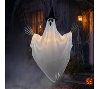Decorazione fantasma da appendere per Halloween con luci LED calde, 79,9 x 89,2 cm, grande altalena da appendere, fantasmi volanti con cappello da strega, mani scheletriche, per portico anteriore