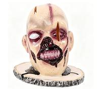 Decorazione Horror Testa Mozza di Halloween con Base in Legno | Testa mozzata con ferita da ascia, 15x19cm, resina, base a ceppo di legno, oggetto di scena horror per Halloween