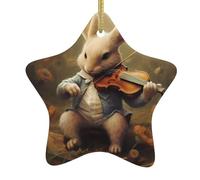 Decorazione in ceramica per albero di Natale da appendere a forma di stella WHJSHOP Bunny che suona il violino stampa facile da appendere su alberi, porte e finestre