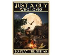Decorazione in metallo per parete esterna, con scritta in inglese "Just A Guy Who Loves to Play The Guitar Sign Vintage", targa in latta retrò da parete con uomo sotto la luna, per bar, grotta per