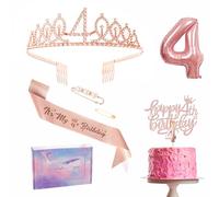 Decorazione in oro rosa per il 4° compleanno delle ragazze Set di copricapo per festeggiare corona, torta di compleanno, quarto: palloncini in alluminio candela, regalo 4° compleanno per ragazze