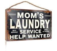 Decorazione invernale per porta con scritta "Mom's Laundry Service: Open 24 Hours, Help Wanted!", cartello in legno divertente per ufficio e bar, per decorare la casa (15 x 28 cm)