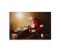 Decorazione murale con Babbo Natale in ginocchio accanto a Gesù Bambino nella Mangiatoia, poster su tela con stampa artistica da appendere, decorazione per la casa, idea regalo, 20 x 30 cm