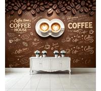 Decorazione murale da parete con torrefazione di caffè in grani di caffè, elementi disegnati a mano, tessuto autoadesivo rimovibile, decorazione da parete per soggiorno, camera da letto, bagno