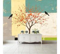 Decorazione murale da parete con torrefazione di caffè su misura con uccelli neri e albero in fiore d'arancio astratta pittura a olio rimovibile in tessuto autoadesivo decorazione da parete per