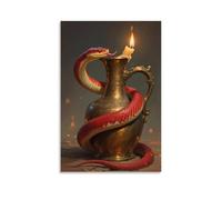 Decorazione murale decorativa da appendere alla parete, motivo: serpente a fascia rossa su un antico vasetto di bronzo, lingua che lecca il beccuccio, squame che riflettono danzanti a lume di candela