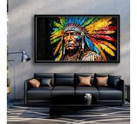 Decorazione murale in Metallo con Cornice in Stile Minimalista Moderno, Stampa su Tela di Un Dipinto a Olio Nativo, Capo Indiano, Antico, di pregio (Nero 48" x 27" / 122 68 cm)