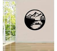 Decorazione murale in Metallo, Moderna e Minimalista, Barca da Pesca d'Epoca, Scena Rustica Circolare di Lago e Montagna con pini, Ferro battuto per Interni/Esterni, Decorazione na